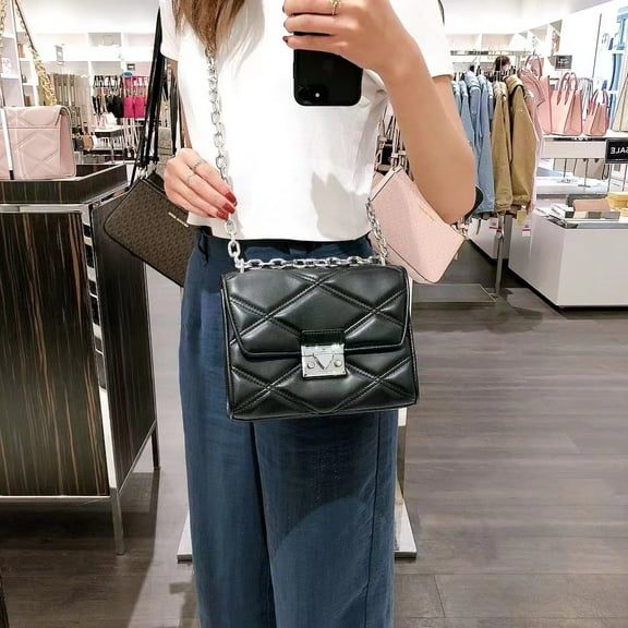Michael Kors Medium Serena 35S2SNRL2U Quilted Flap Shoulder Bag In Black With Silver Hardware