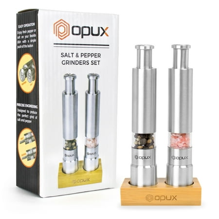 OPUX Premium Salt and Pepper Push Button Grinder Set | One-Hand Pump and Grind Salt Shaker Mill, Modern Thumb Press Pepper Grinder, Brushed Stainless Steel | Bamboo Stand