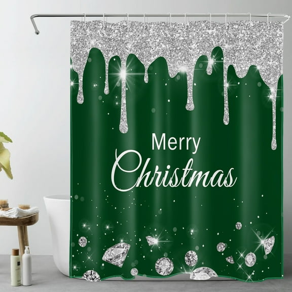 HVEST Green Christmas Shower Curtain with Silver Glitter Diamond on Green Background Design - Merry Christmas Holiday Bathroom Decor, Waterproof Polyester Fabric, Includes 10 Hooks, 60x72 Inches