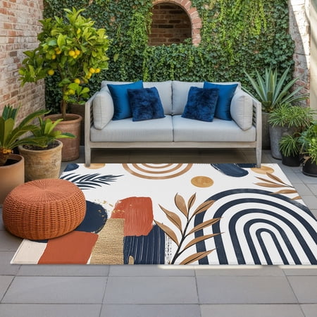 Outdoor Rug, Nordic Abstract Leaves Arch Sun Indoor Area Rug Outdoor Carpet RV Camping Rugs 4x6ft Terracotta Aesthetic Color Block Outside Mat for Patio Picnic Porch Deck Balcony Backyard