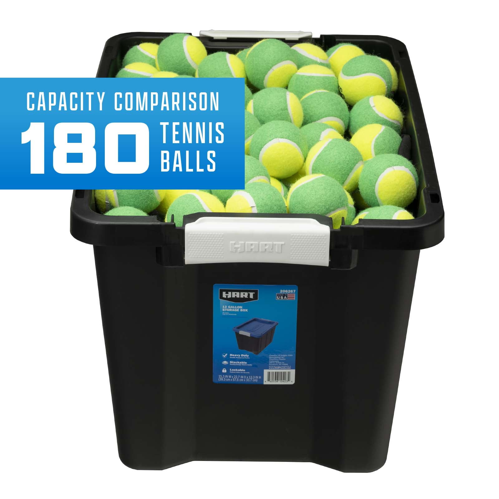 HART 12 Gallon Heavy Duty Latching Plastic Storage Bin Container, Black with Blue Lid, Set of 4