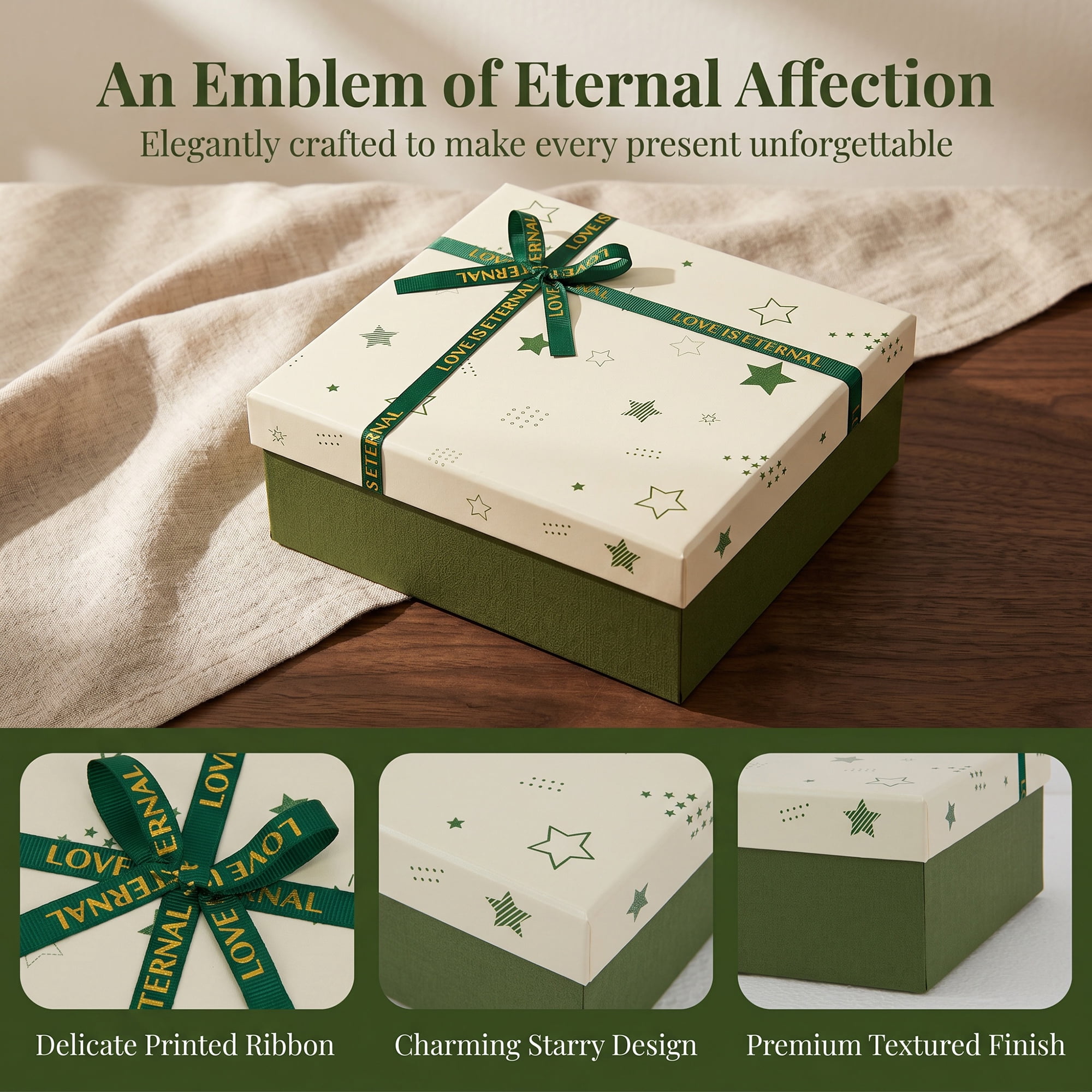 Unique Bargains Elegant Rigid Gift Box with Printed Ribbon Green 7.9" x 7.1" x 3.1"