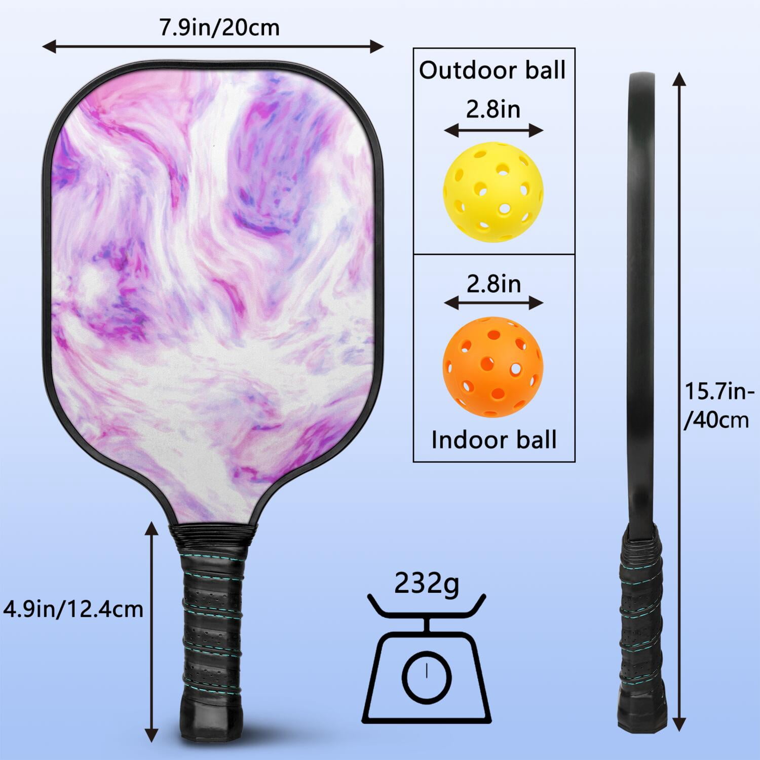 Pickleball Paddles Set Of 1, Fiberglass Surface, Liquid & Marble Print, 1 Paddles, 2 Balls & Bag