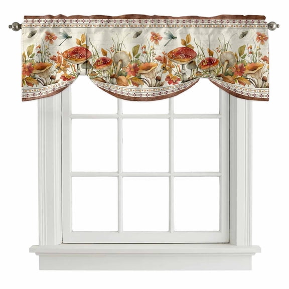 Botanical Mushrooms Tie Up Valance Curtains for Windows, Kitchen Curtains Window Treatments, Retro Fall Wild Flowers Farmhouse Short Window Shades Valances for Bedroom Bathroom Cafe 54"x18"