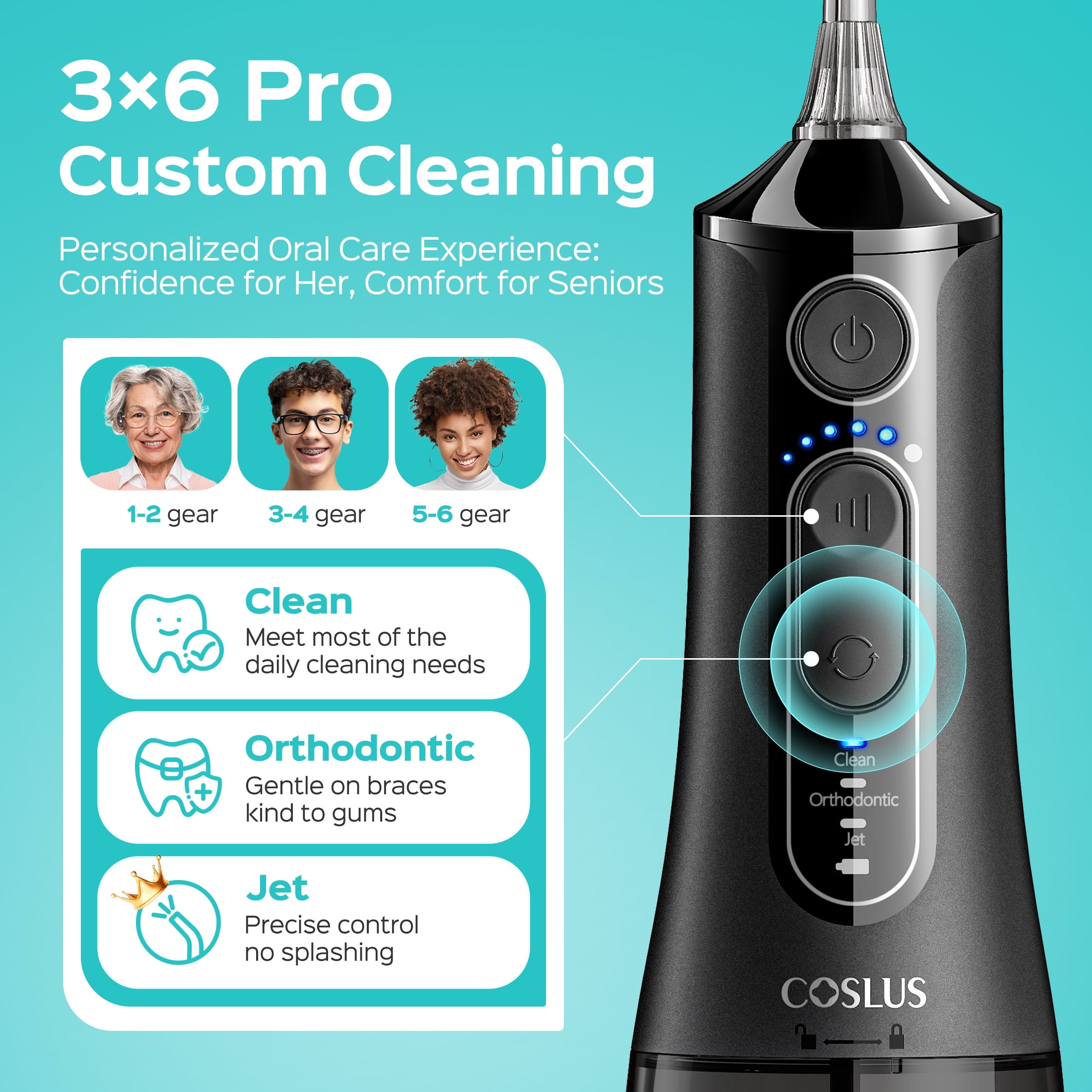 COSLUS CX51 Portable Water Flosser for Teeth,3 Modes 6 Intensity Professional Electric Water Dental Pick for Sensitive Gums, Braces for Travel Home Black