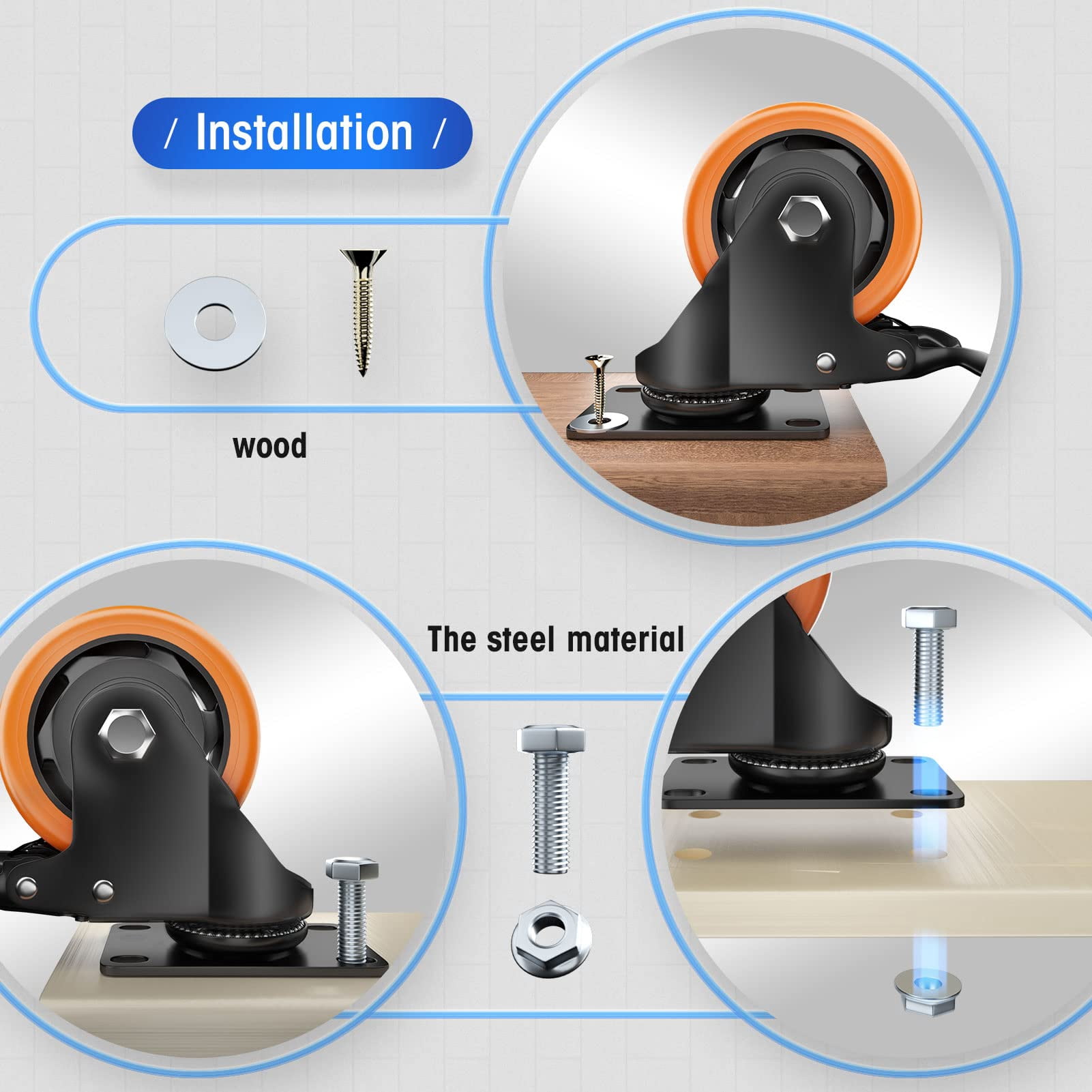 Caster Wheels - 3 Inch Casters Set of 4 Heavy Duty - ASHGOOB Orange Polyurethane Castors, Top Plate Swivel Wheels, 4-Pack Industrial Casters with Brake, Locking Casters for Furniture and Workbench