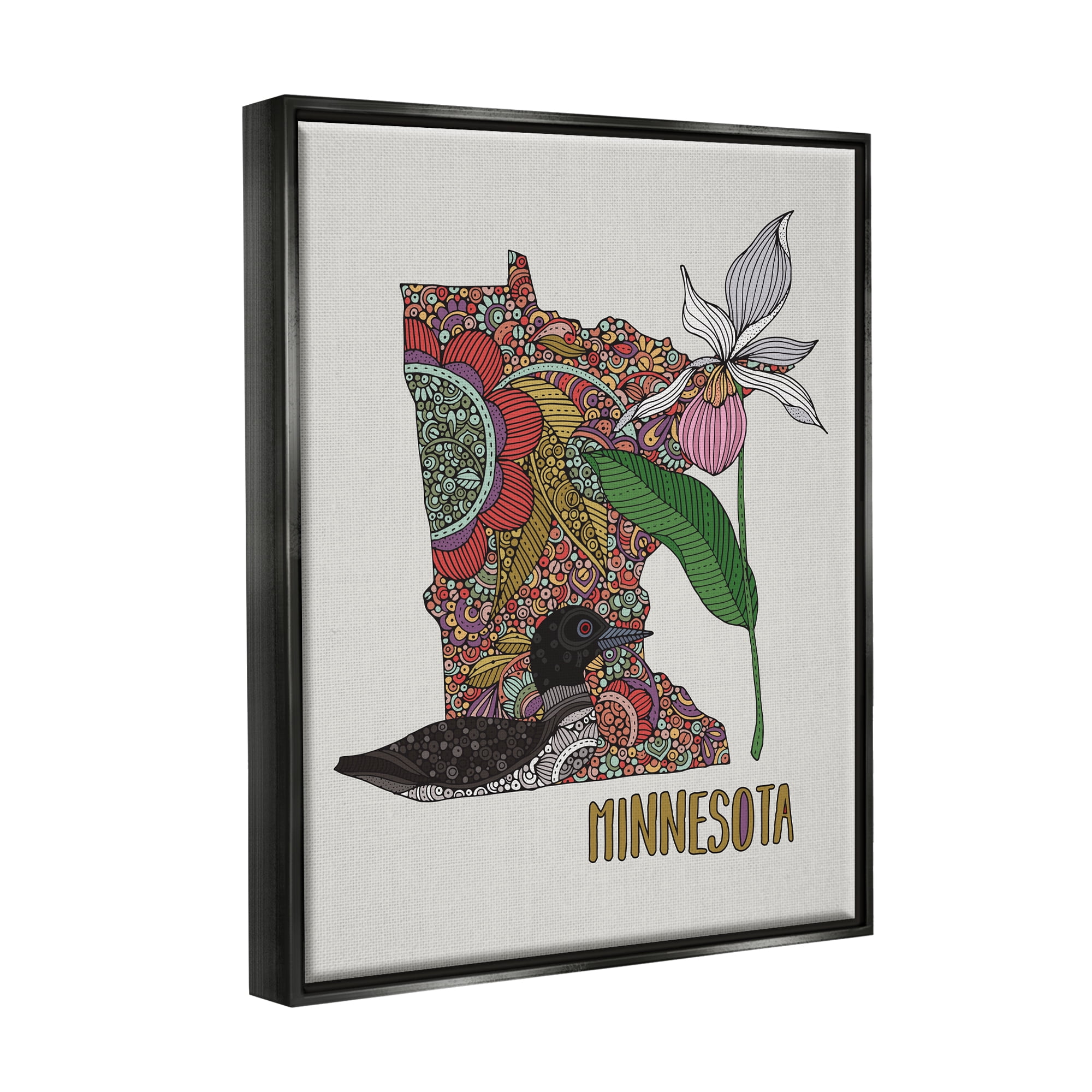 Stupell Industries Minnesota State Loon Bird Intricate Blooming Flowers Graphic Art Jet Black Floating Framed Canvas Print Wall Art, Design by Valentina Harper
