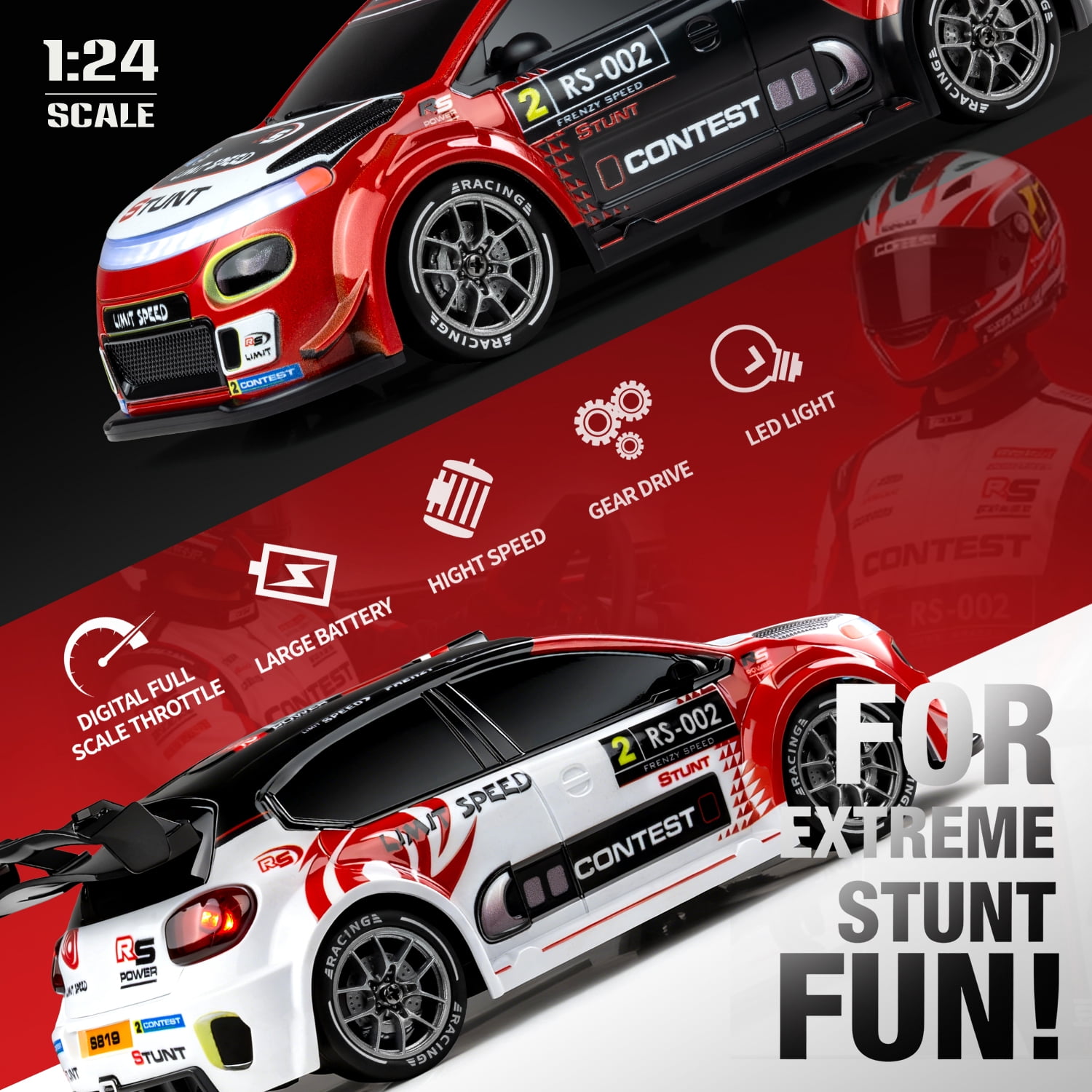 RC Drift Car, 1:24 4WD 20KM/H High Speed RC Cars with LED Light, 2.4GHz Remote Control Sport Racing with Batteries for Boys Girls Adults