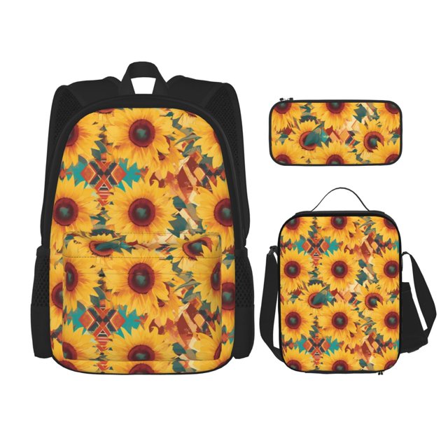 Disketp Colorful Bohemian Sunflower Mochila Estampada de Gran Capacidad con Lonchera y Estuche, Set de 3 Piezas para Estudiantes