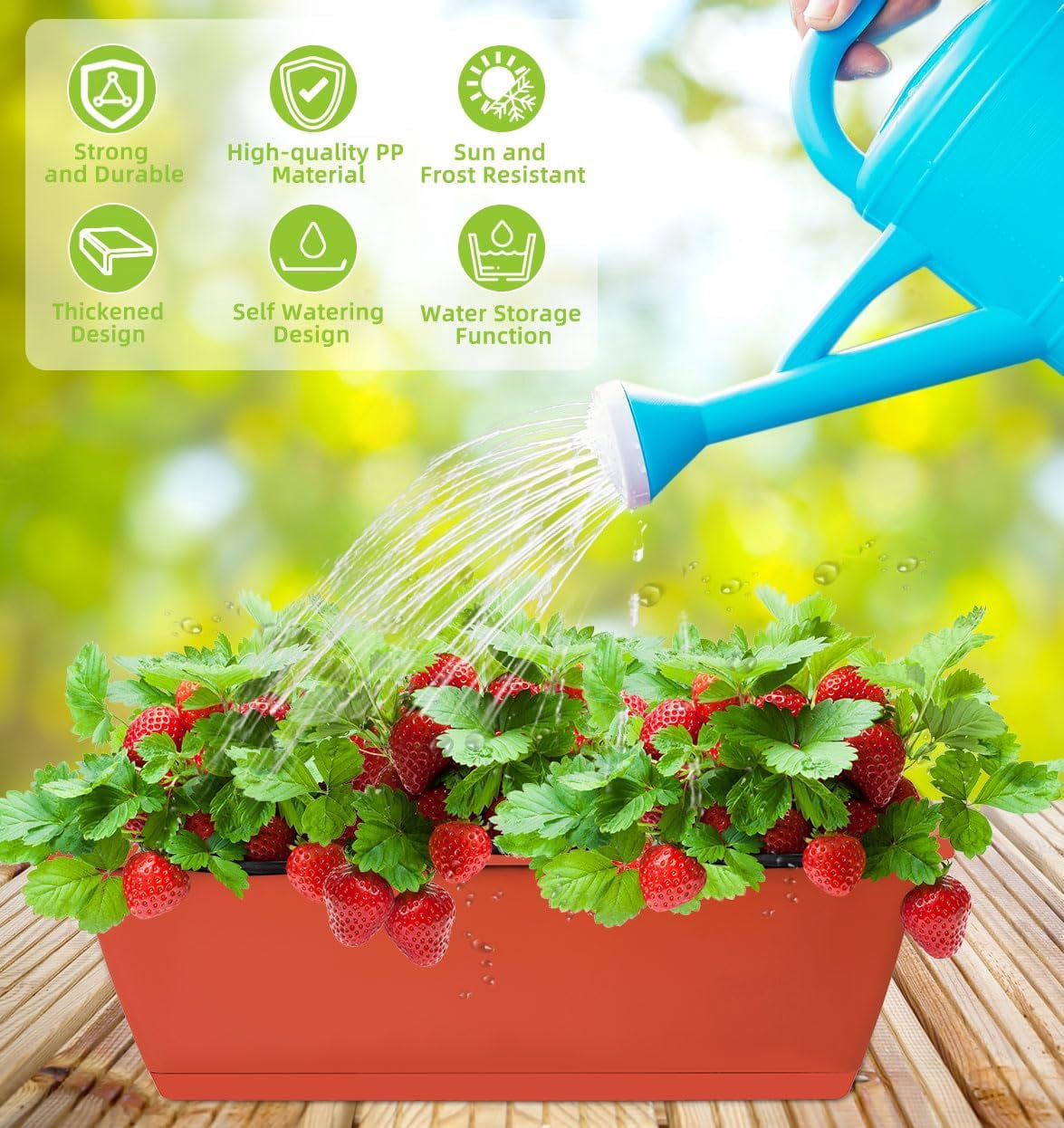 Window Box Planter, Plastic Vegetable Flower Planters Boxes 17 Inches Rectangular Pots with Saucers for Indoor Outdoor Garden, Patio, Home Decor (7, Brick Red)