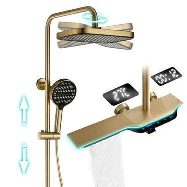 Thermostatic Shower System, Shower Faucet Set with LED Display Wall-mounted Shower Head Set Adjustable Height and Angle 3 Functions Shower Faucets with Waterfall Bathtub Faucet (Brushed Gold A)