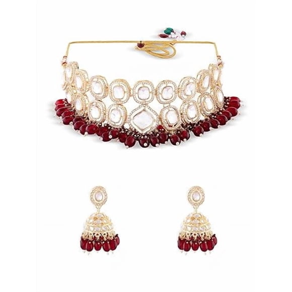 Maroon Cluster Beads Dazzling Stones Bridal Choker Necklace Set With & Earring Set For Women | Striking Bridal Jewellery Set - Indian Style Bridal Reception Choker Necklaces Set For Indian Outfits