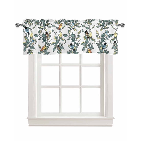 Turquoise Botanical Linen Curtain Valance for Bedroom/Bathroom/Kitchen/Office/Living/Dining Room Window,Pastoral Green Yellow Plants Birds Rod Pocket Topper Decorative Cafe Drapes Panel 54"x18"