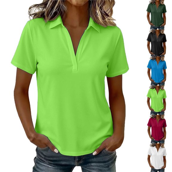 Womens V Neck Collared Shirts, Short Sleeve Business Dressy Casual Tops, Summer Flowy Trendy Tees