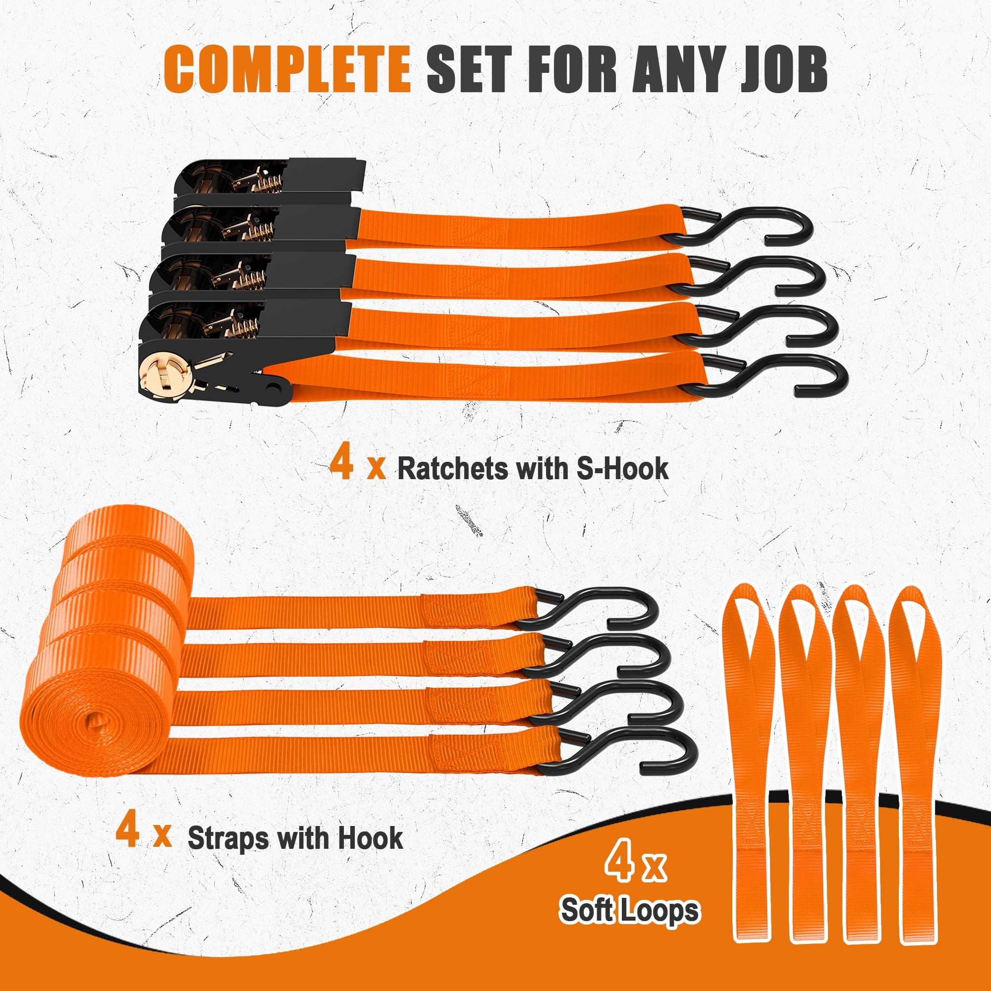 AWELCRAFT 1500 lb Premium 15ft Tie-Down Ratchet Straps with ''S" Hooks, 4-Pack Orange
