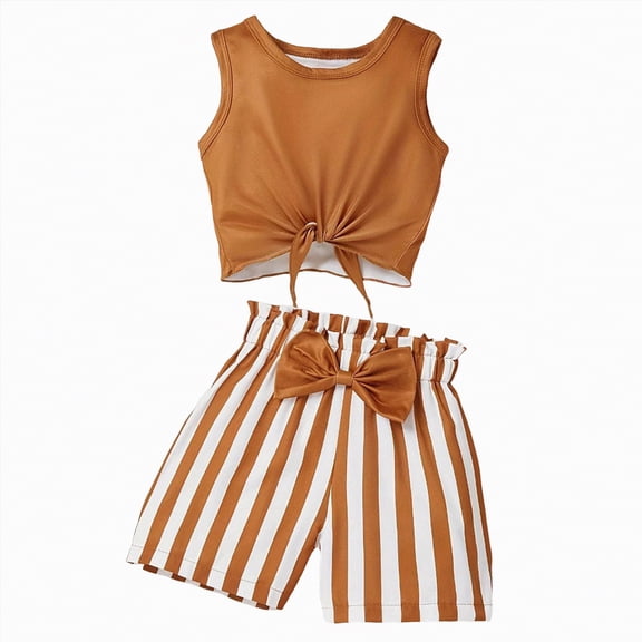CAUYDY Toddler Baby Girl Outfit Summer Clothes Bow Print Bowknot Smocked Camisole Tank Top Ruffle Shorts Set for 5t 6t 7t Kids School Activities (Sizes 9-10 Years,D01-Coffee)