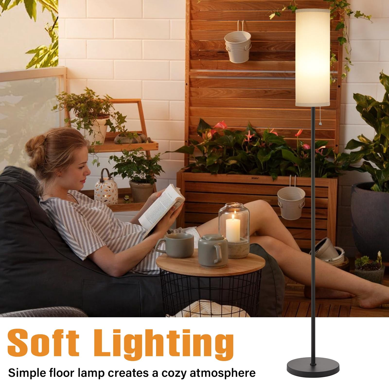Floor Lamp For Living Room With 3 Color Temperatures Bulb  64" Standing Linen Lampshade Bedroom Minimalist Pole Grey Shade & Black