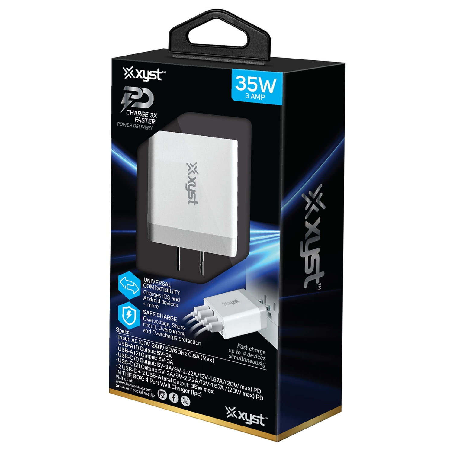 XYST 35-Watt 4-Port USB-A and USB-C Wall Charger, XYS-3142CUACWT