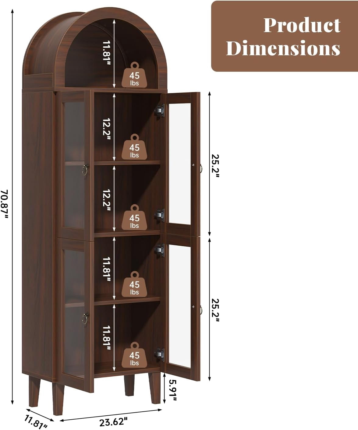 71" Tall Arched Cabinet with Acrylic Glass Door, Modern Curio Arched Bookcase, Display Cabinet Organizer, Kitchen Pantry with Top-Opening Storage Container for Living Dining Room, Brown