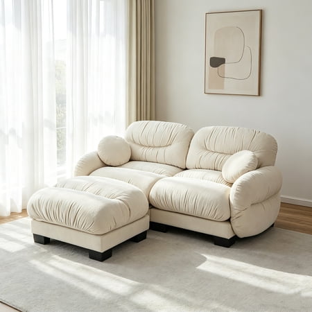AUU Beige Pleated Chenille 2-Seater Modular L-Shape Sectional Sofa with Ottoman, High-Density Ergonomic Foam Seat, Curved Round Armrests and 2 Round Throw Pillows