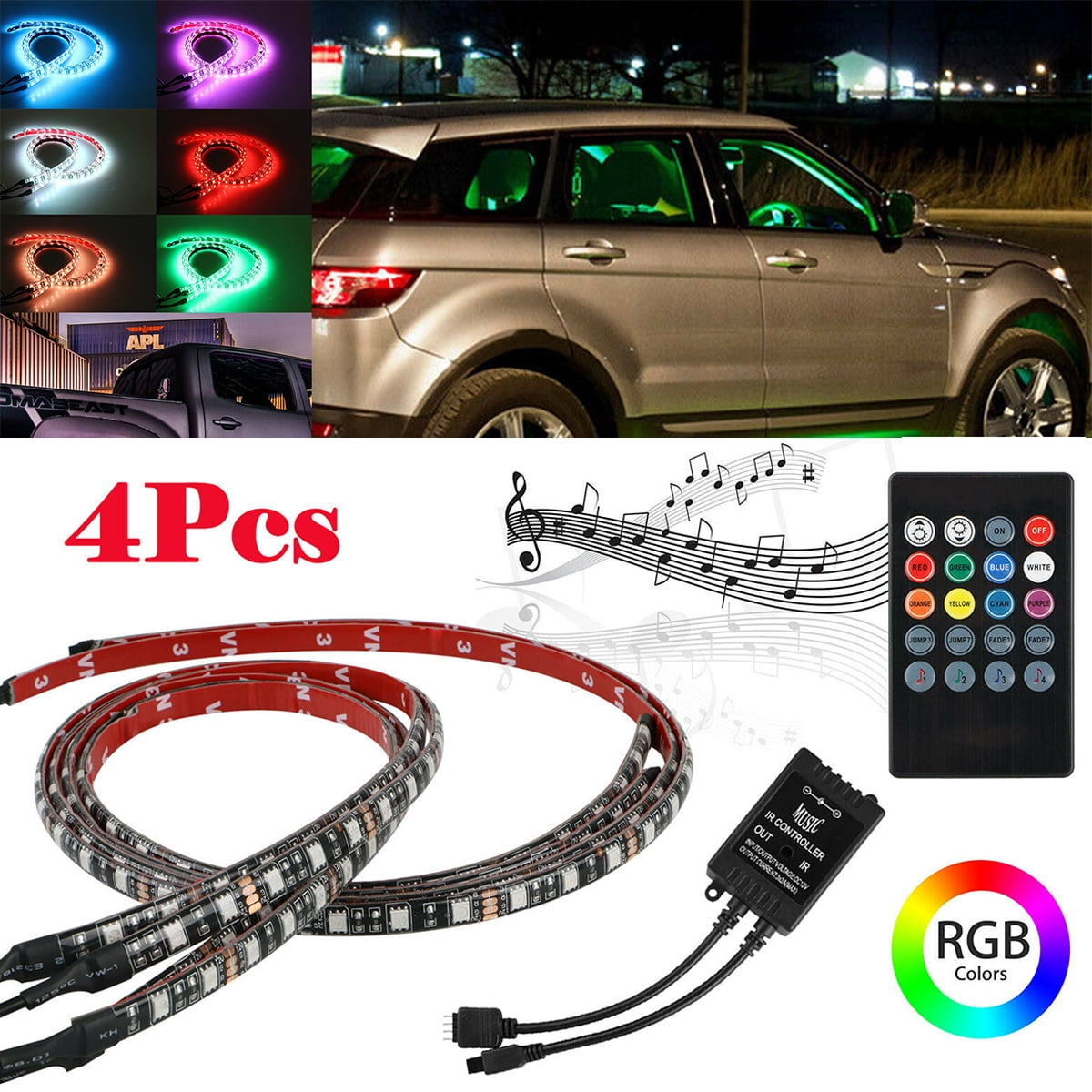 4Pcs 48 LEDs Multi-Color Car Interior Light FICBOX Car LED Strip Light Auto Atmosphere Lights Strip Waterproof Glow Neon Lighting Kit with Wireless Remote Control and Car Charger 