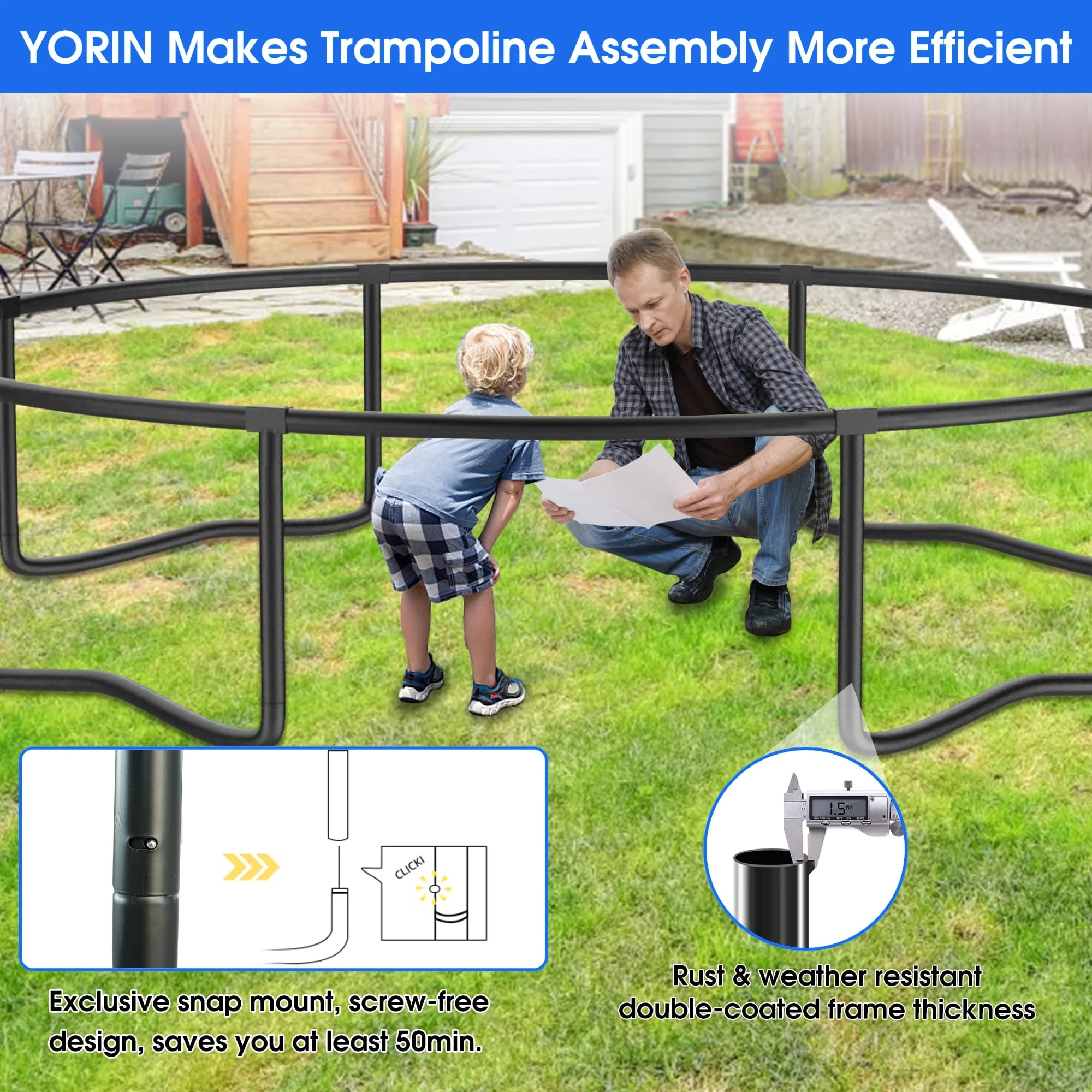YORIN Trampoline for 2-3 Kids, 8FT Trampoline for Adults with Enclosure Net, Basketball Hoop, Ladder, 800LBS Weight Capacity Outdoor Recreational Trampoline, Heavy Duty Trampoline