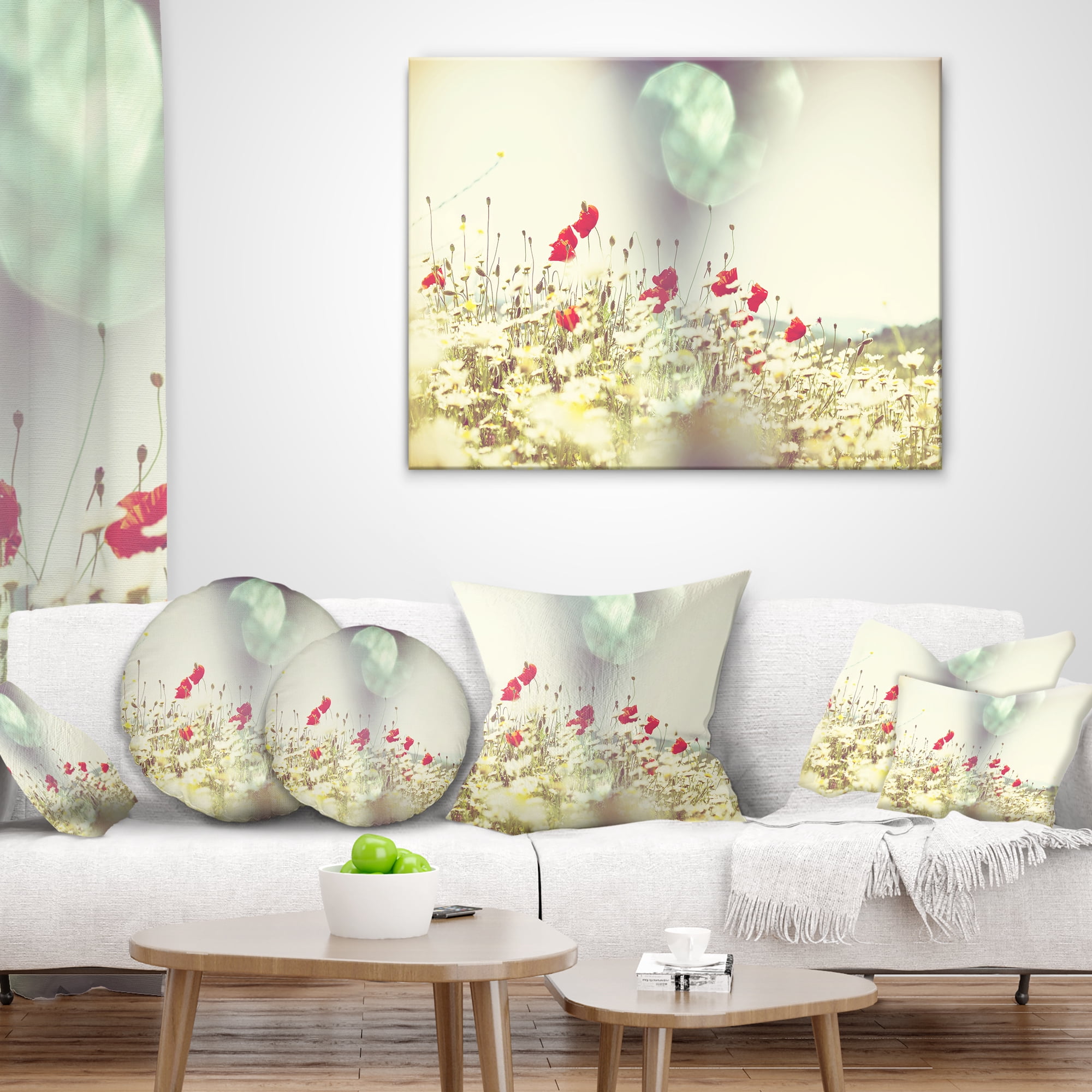 Designart Red and White Poppy Flowers Field - Flower Throw Pillow - 16x16