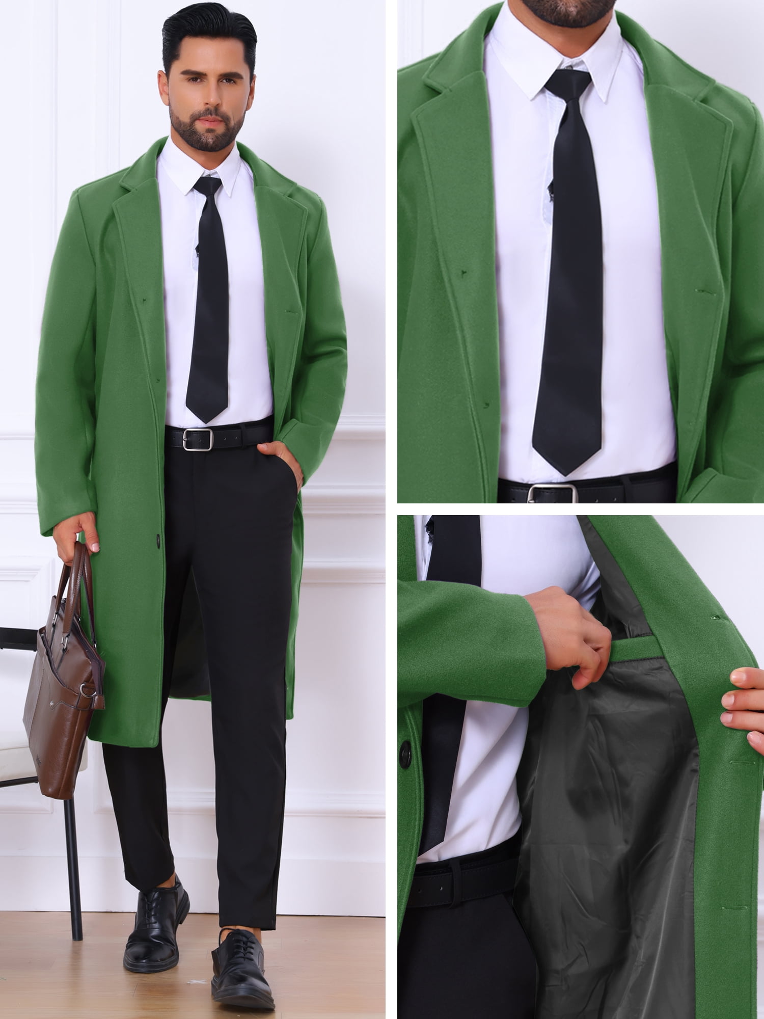 DARING DIVA Men's Single Breasted Notch Lapel with Pockets Trench Overcoat S Green-New