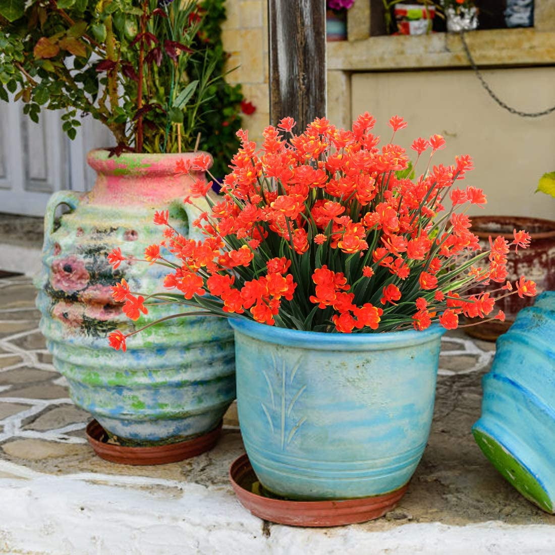 Zukuco 12PCS Artificial Flowers,Fake Greenery Faux Plastic Bushes Fake Shrubs UV Resistant Faux Plastic Plants for Wedding Hanging Bouquet Indoor Outdoor Home Garden Office Vase(Orange Red)