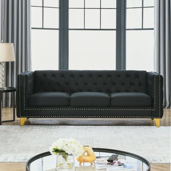 Modern Chesterfield Tufted Velvet Sofa, 3-Seater Black Couch with Nailhead Trim and Metal Legs for Living Room, Bedroom