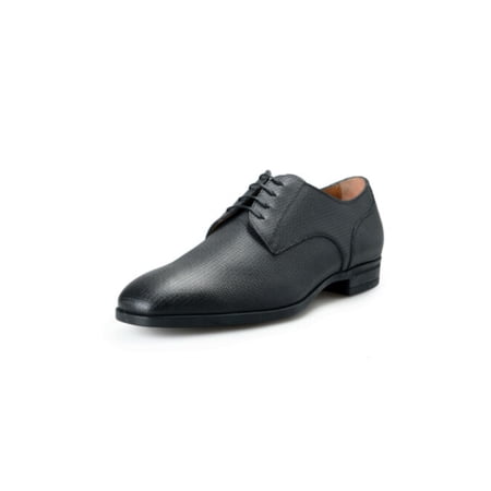 BOSS Mens Black Embossed Derby Padded Portland Square Toe Block Heel Lace-Up Leather Dress Flats Shoes 9
