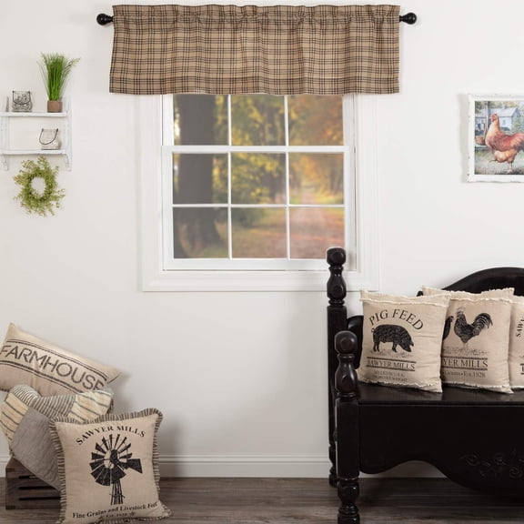 VHC Brands Farmhouse Kitchen Window Curtains-Sawyer Mill Tan Valance, 16x60 Inches, Plaid, Charcoal Black