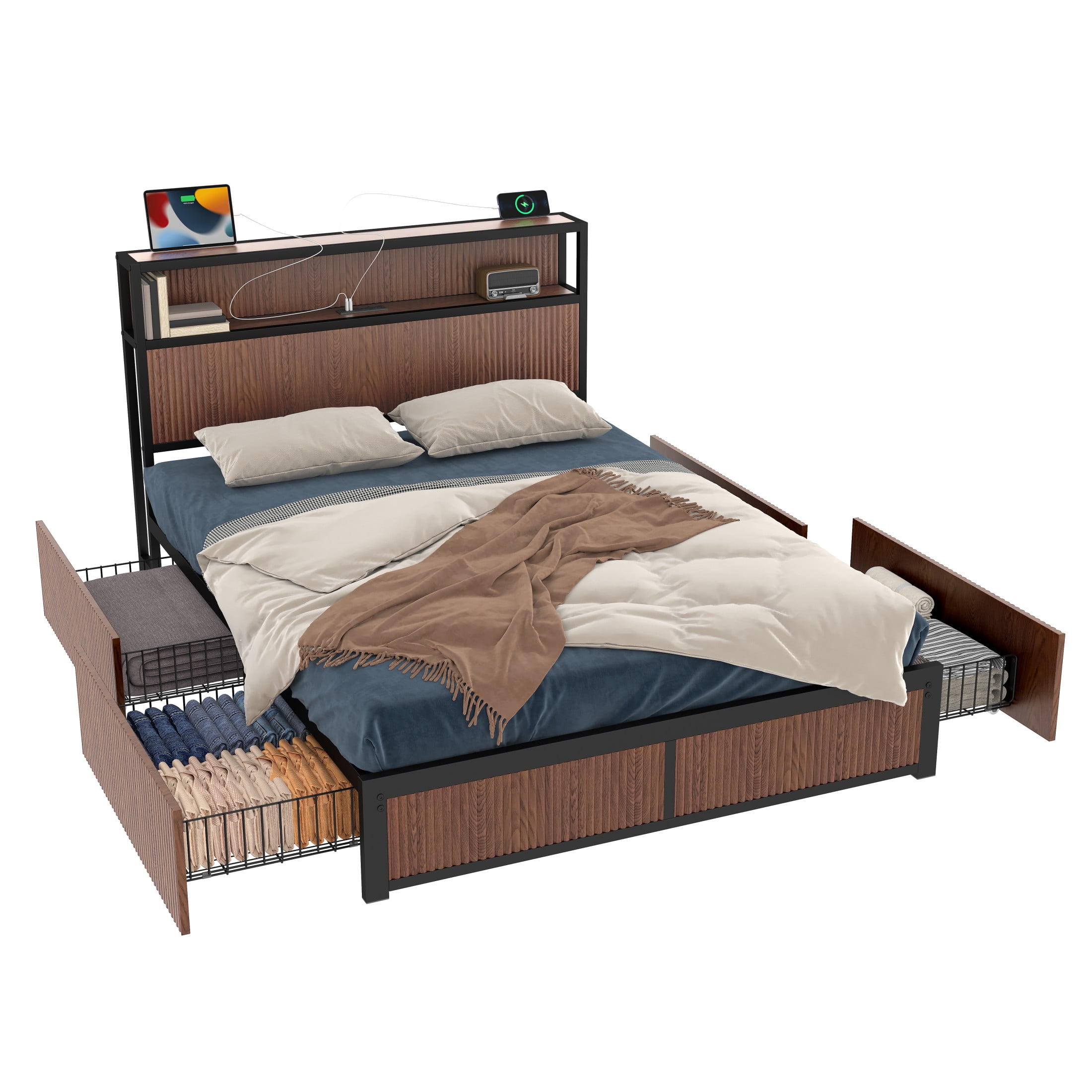 Noble House Queen Size Storage Platform Bed Frame with 4 Drawers, USB Charging Headboard, Brown