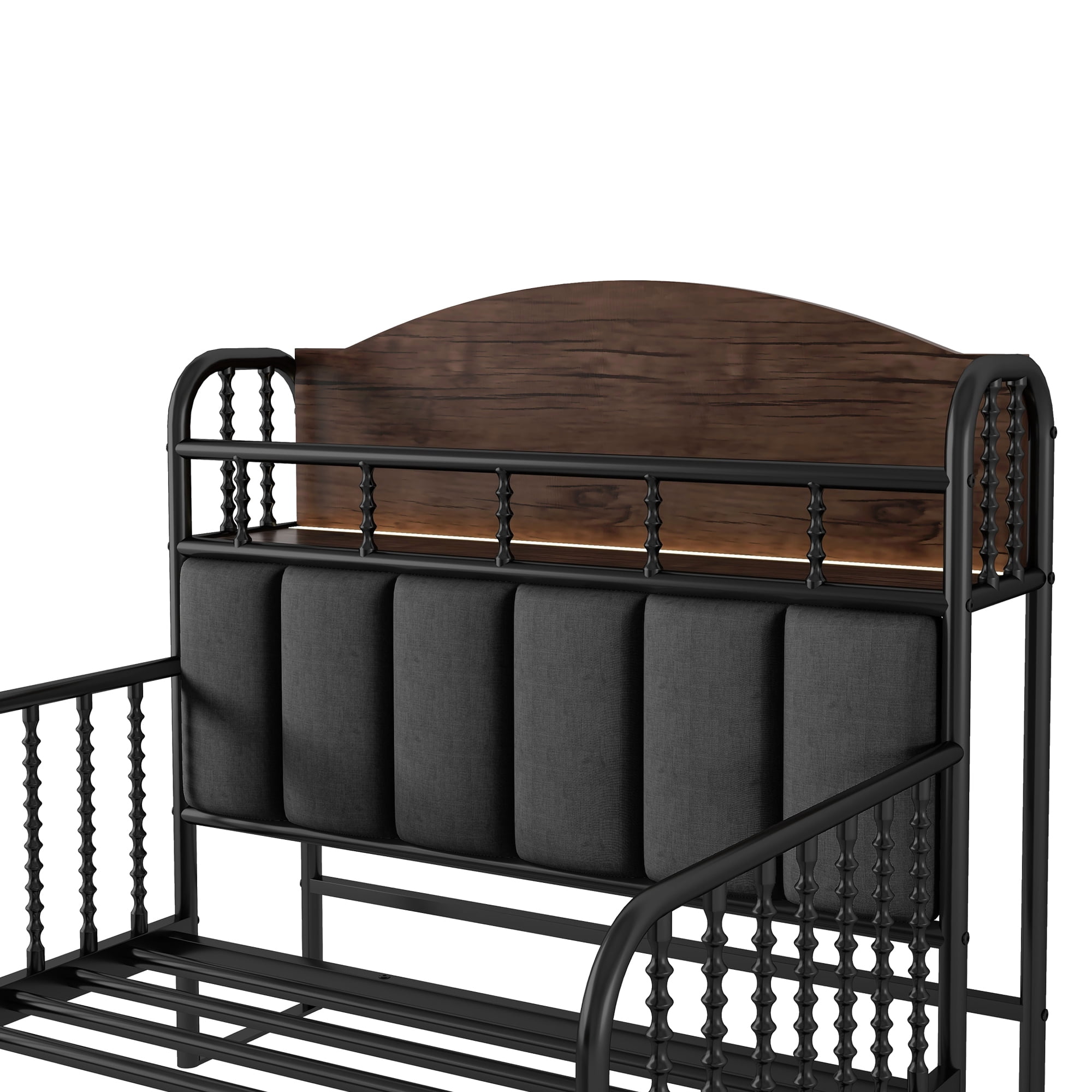 Euroco Metal Twin Size Platform Bed with Upholstered Headboard, Storage Shelves and LED Light, Black