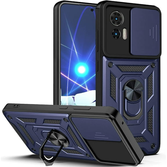 Case for Motorola Edge 30 Neo with Slide Camera Cover, Military Grade Drop Protective Phone Cover Case with Ring Kickstand for Motorola Edge 30 Neo/Edge 30 Lite SJ Blue