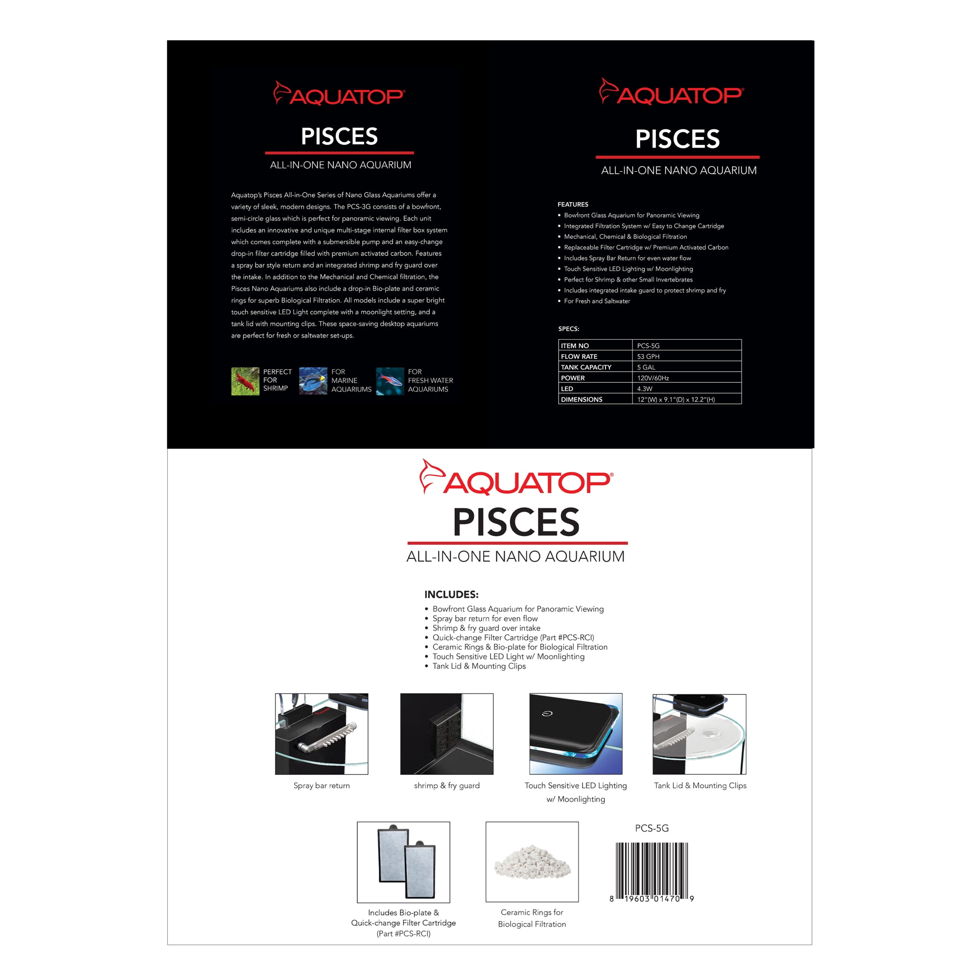 Aquatop Pisces Glass Aquarium Nano Fish Tank 5 Gallon Half-Circle All In One with Filter and LED Light, PCS-5G