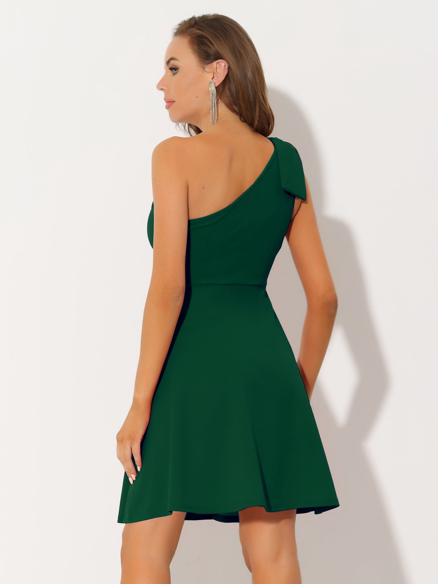 DARING DIVA Halloween Costume Bow One Shoulder with Pockets Swing Dress XS Dark Green