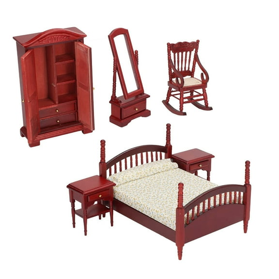 Antique Dollhouses Furniture Bed Set Hand Painted Miniature Bedroom Decors Construction