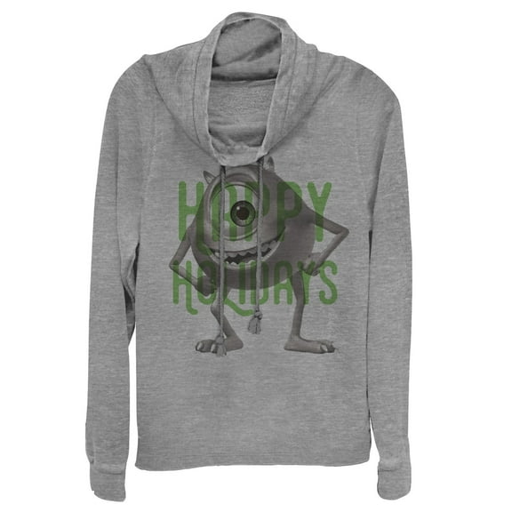 Junior's Monsters Inc Happy Holidays Mike  Cowl Neck Sweatshirt Gray Heather X Large