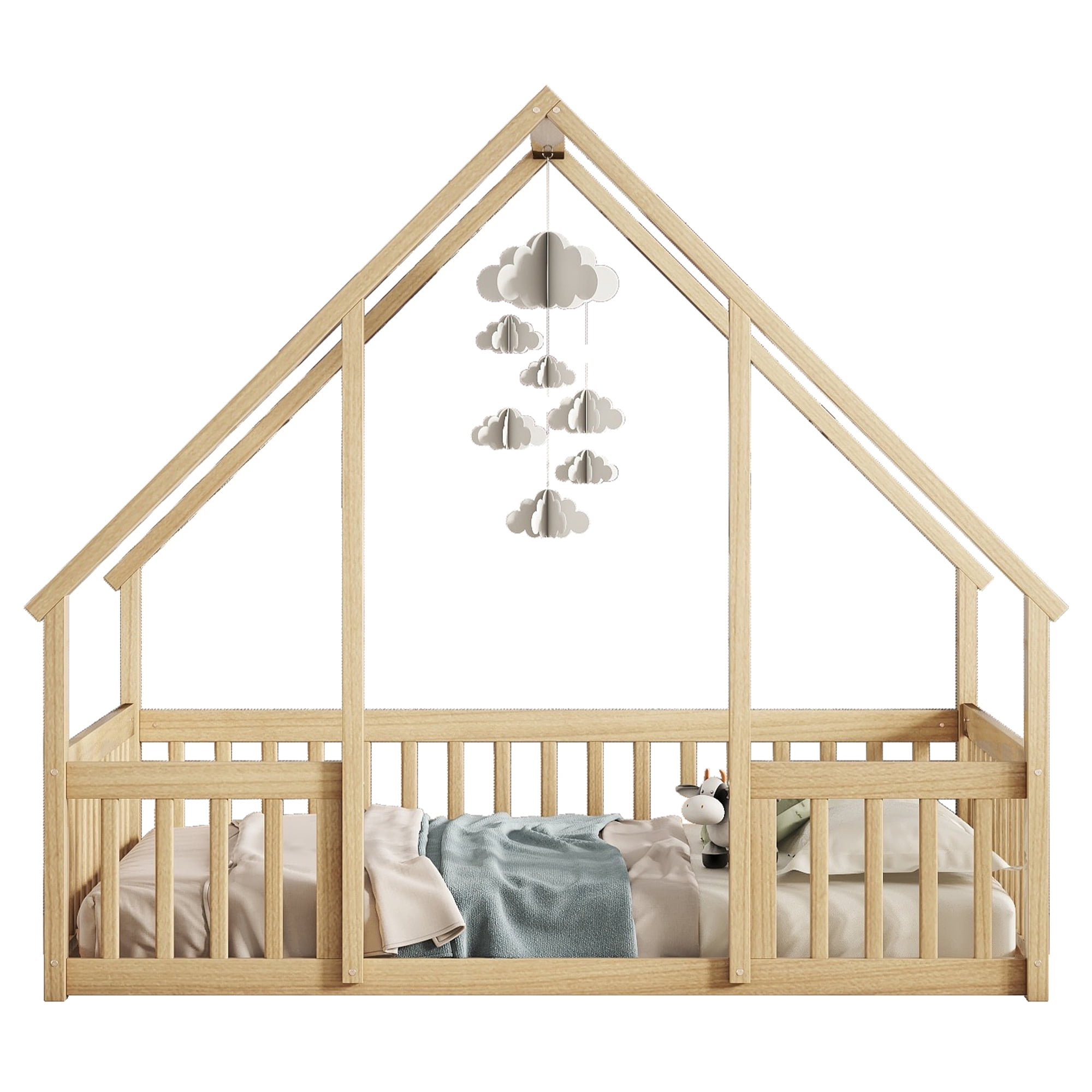 Sailvan Full Wood House-Shaped Floor Bed with Fence, Guardrails