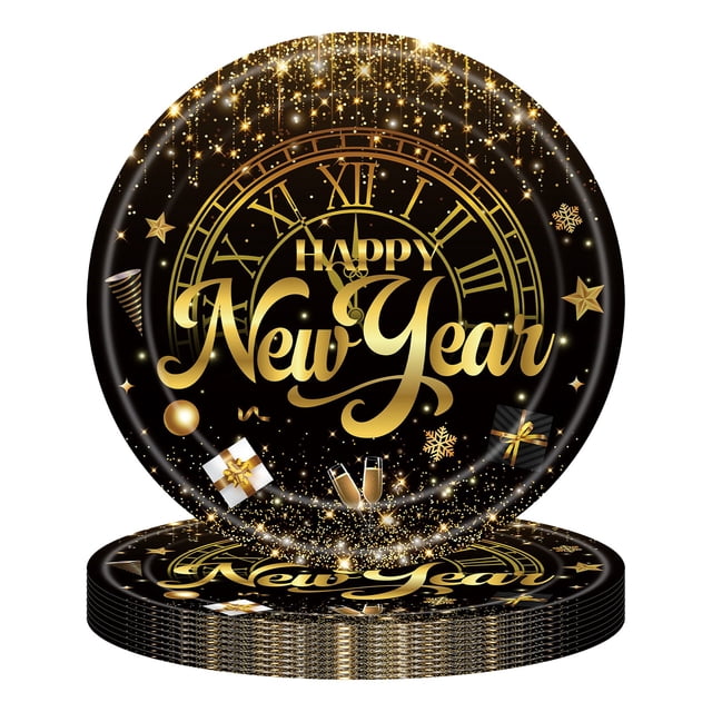 New Year Oval Shaped Paper Plate. Black and Gold 2026 Spring Festival Decoration Year Disposable Dessert Cake Tableware Set