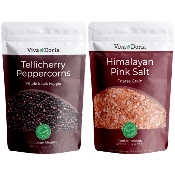 Viva Doria Tellicherry Peppercorn (Whole Black) 12 oz and Himalayan Pink Salt (Coarse Grain) 2 lbs for Grinder Refills