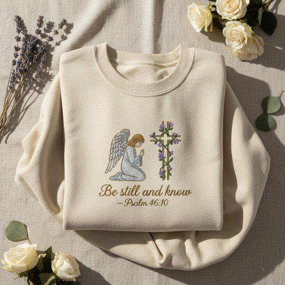 Angel and Cross Embroidered Sweatshirt, Be Still and Know Psalm 46:10 Shirt, Christian Gift, Religious Crewneck, Angel Guardian Top