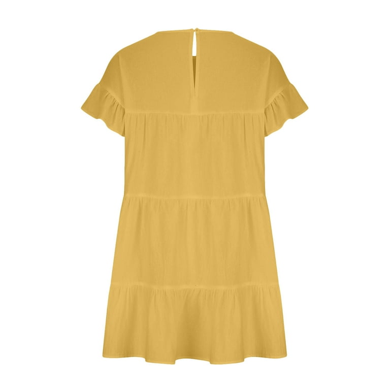 Olyvenn Women's Summer Tunic Ruffle Tent Dresses Tiered Pleated Swing Loose  Babydoll Smocked Formal Cap Ruffle Short Sleeve Cocktail Dress Soft Solid  Sundress Crew Neck Babydoll Yellow 10 