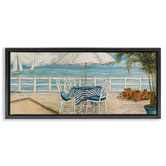 Stupell Industries Coastal Restaurant Overlook Landscape & Nature Painting Black Floater Framed Canvas Art Print Wall Art, 25 x 11
