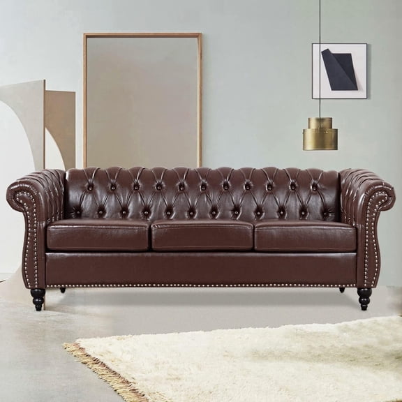 Generic Sofa Art Deco PU Leather Nailhead Trim and Rolled Arm 3-Seater Couch with Seat and Arm, Brown