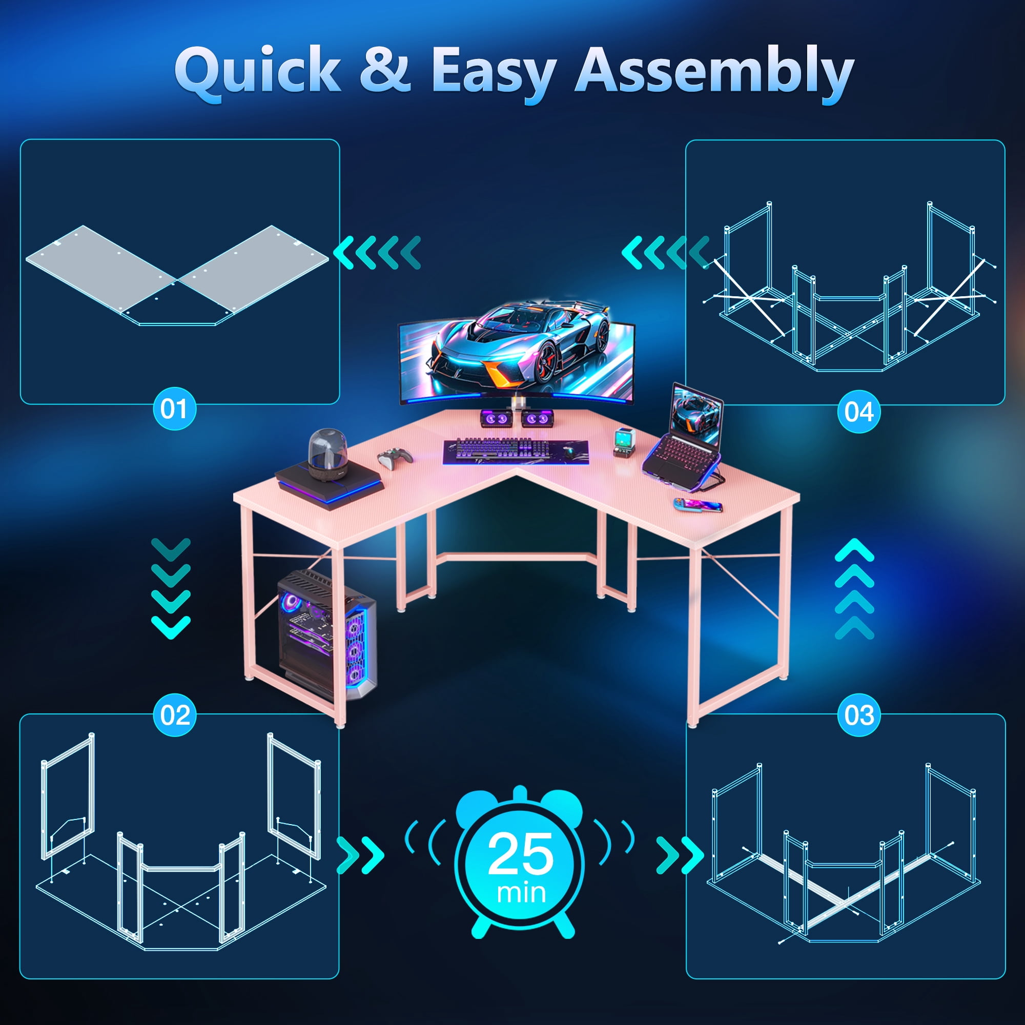 Casacomoda Computer Desk L Shaped, 51 Inch Reversible L Shaped Desk, Gaming Desk, Home Office Desk, Pink