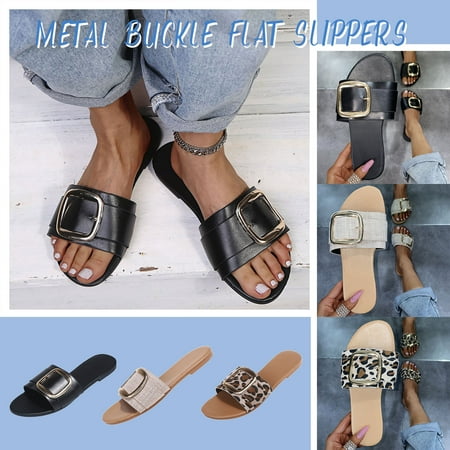 

Cethrio Womens Summer Flats Sandals- on Clearance Flat Slides Sandal Buckle Wide Width Brown Dressy Sandals/ Slides Size 7.5