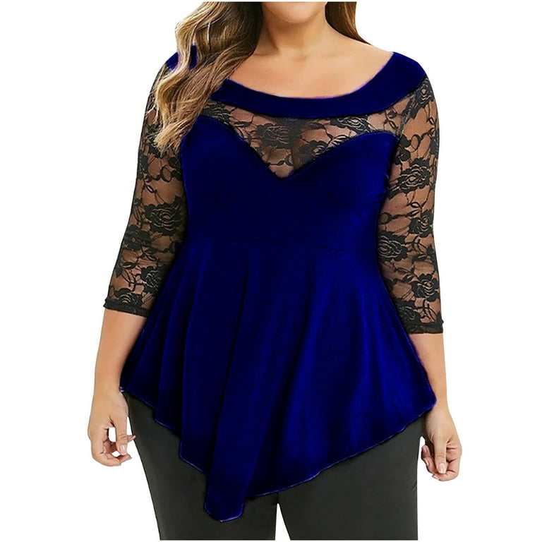 QLEICOM Women Plus Size Asymmetrical Tops Floral Lace Notch V Neck