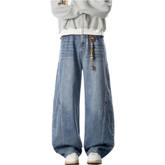Barrel Jeans Mens Y2K Denim Pants Casual Baggy Jeans Elastic Waist Jeans for Mens Blue M